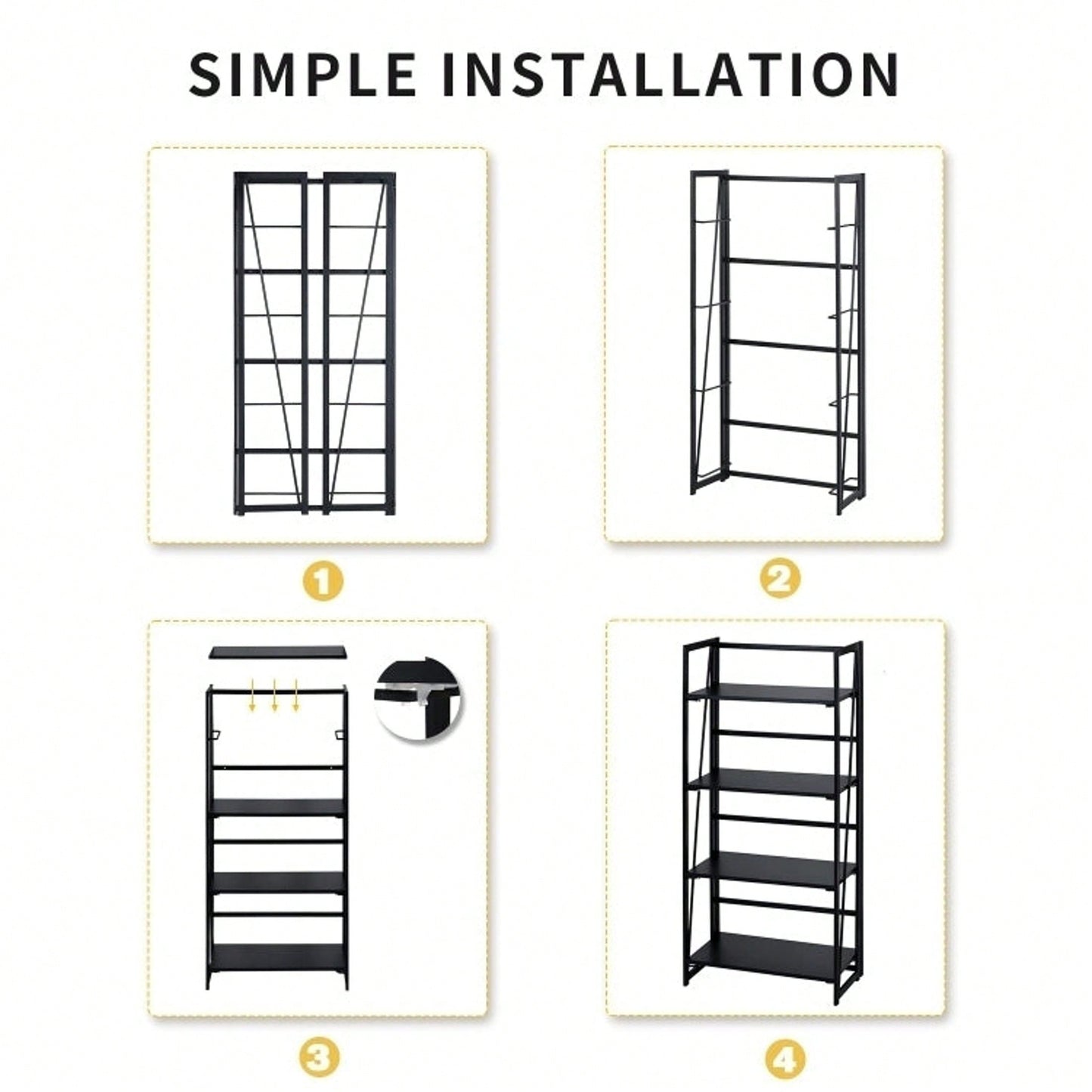 Folding Bookshelf, Storage Shelves 4 Tiers, Stand Storage Rack Shelves Bookcase For Home Office - Full Black