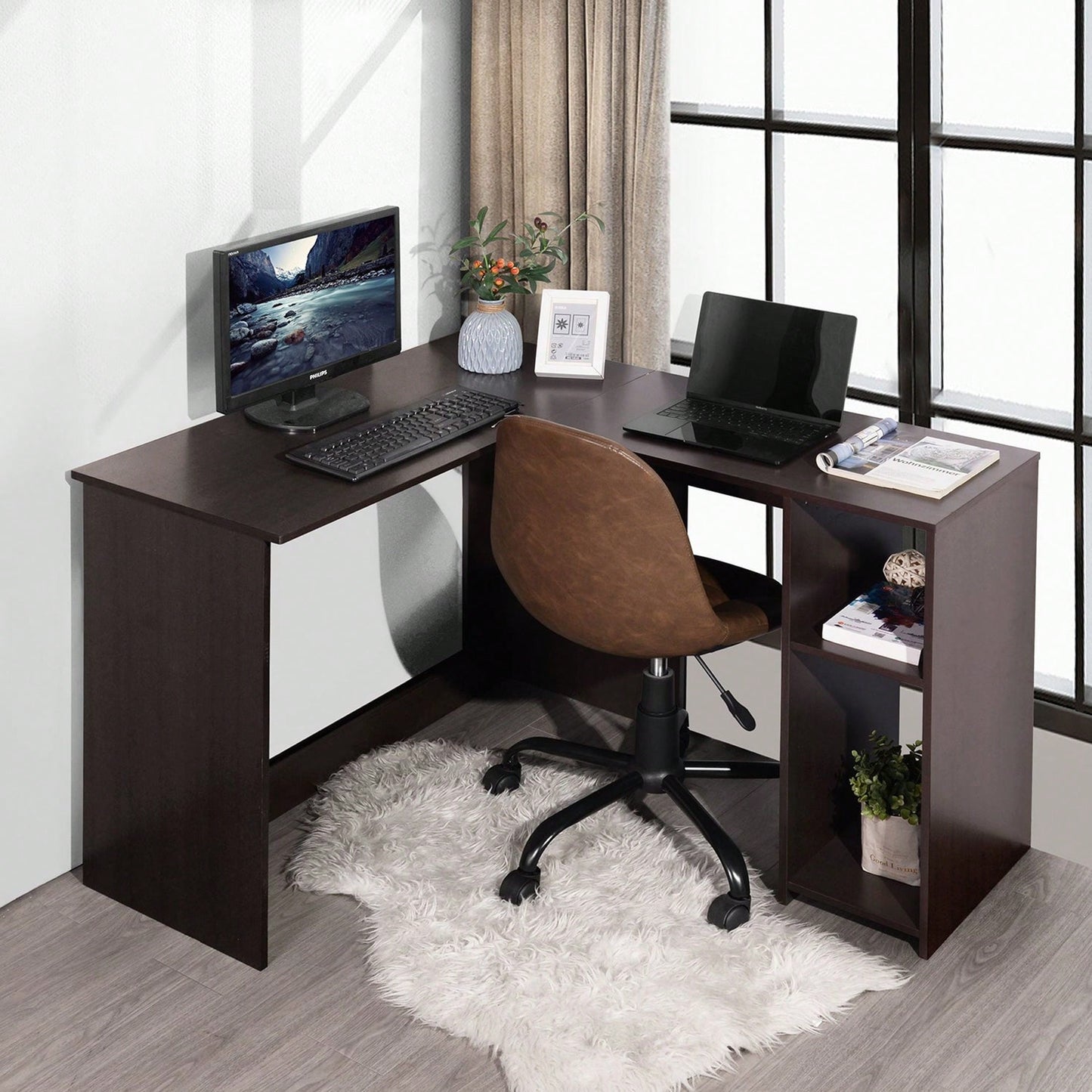 39.4" W X 47.2" D Corner Computer Desk L-Shaped Home Office Workstation Writing Study Table With 2 Storage Shelves And Hutches