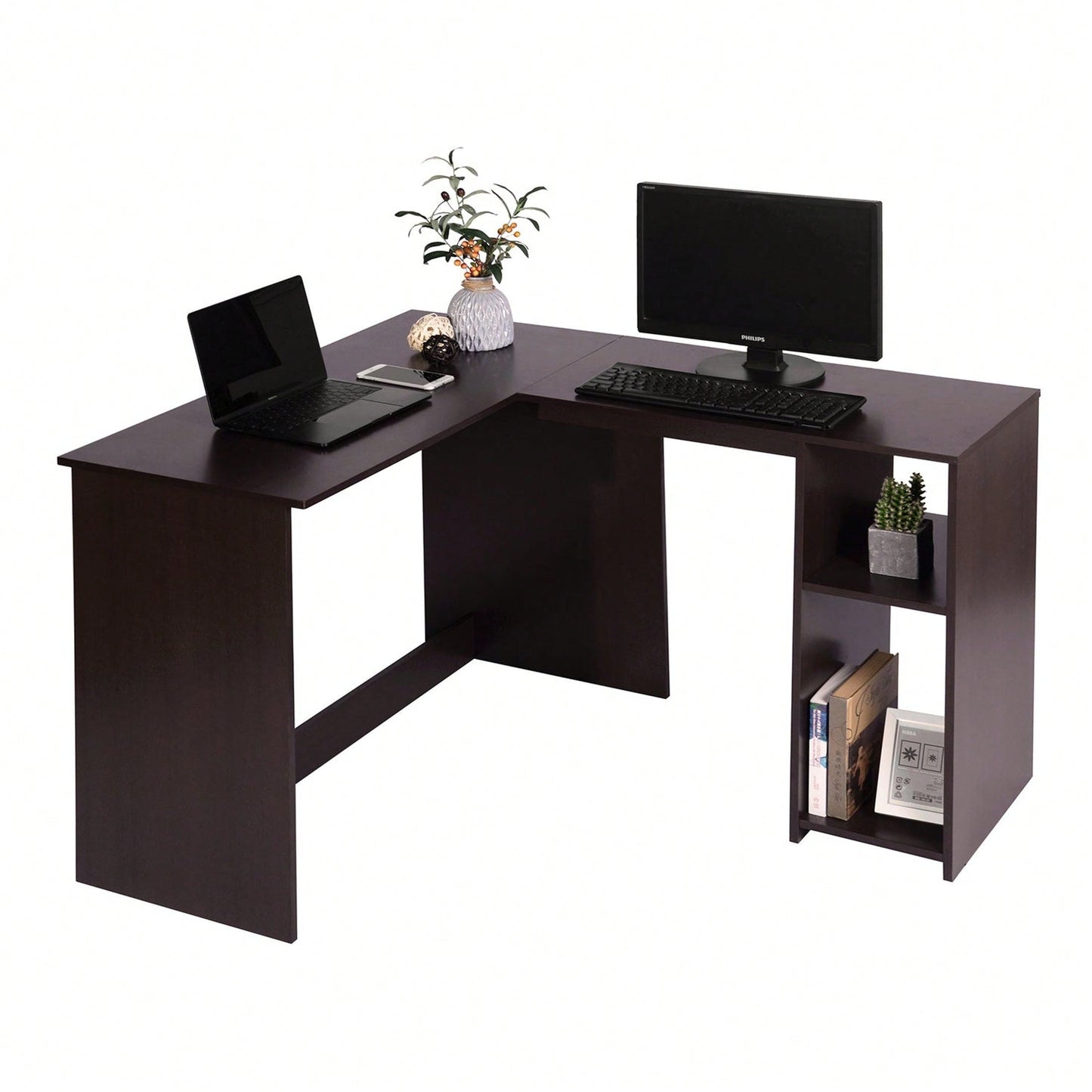 39.4" W X 47.2" D Corner Computer Desk L-Shaped Home Office Workstation Writing Study Table With 2 Storage Shelves And Hutches