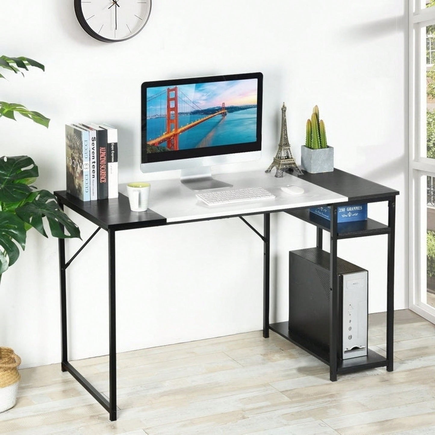 Writing Computer Desk, Home Office Study Desk With 2 Storage Shelves On Right Side, Fashion Simple Style Wood Table Metal Frame