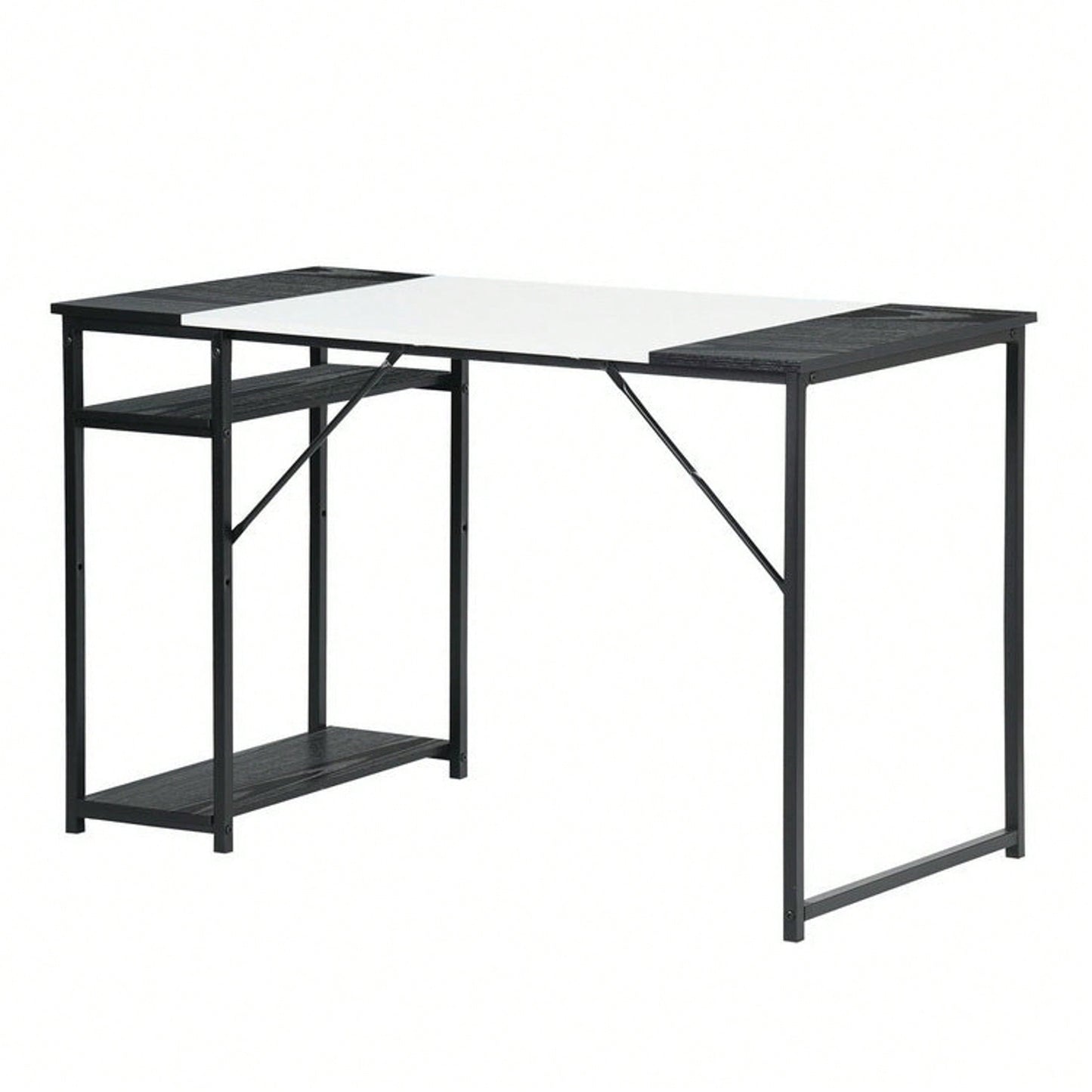 Writing Computer Desk, Home Office Study Desk With 2 Storage Shelves On Right Side, Fashion Simple Style Wood Table Metal Frame