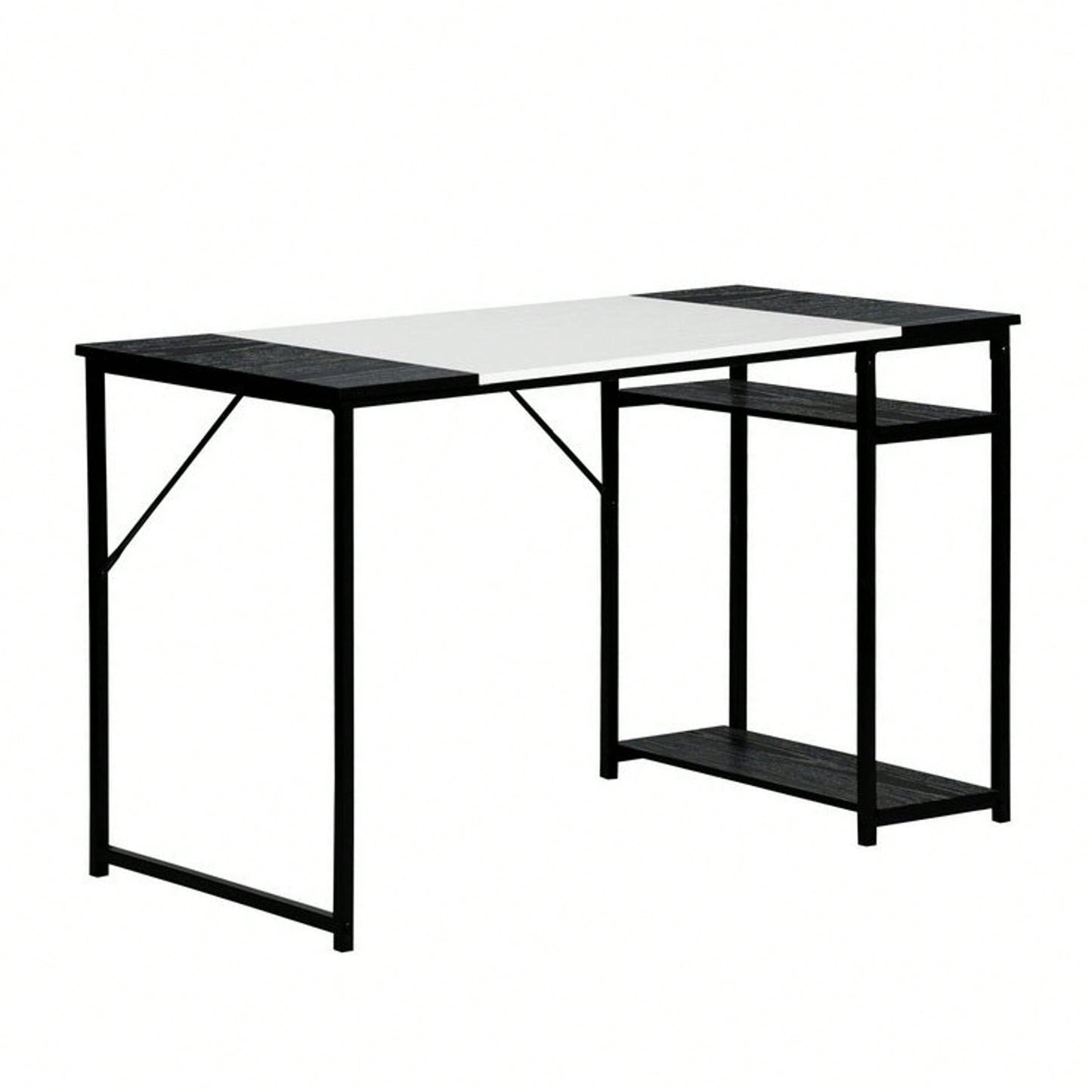 Writing Computer Desk, Home Office Study Desk With 2 Storage Shelves On Right Side, Fashion Simple Style Wood Table Metal Frame