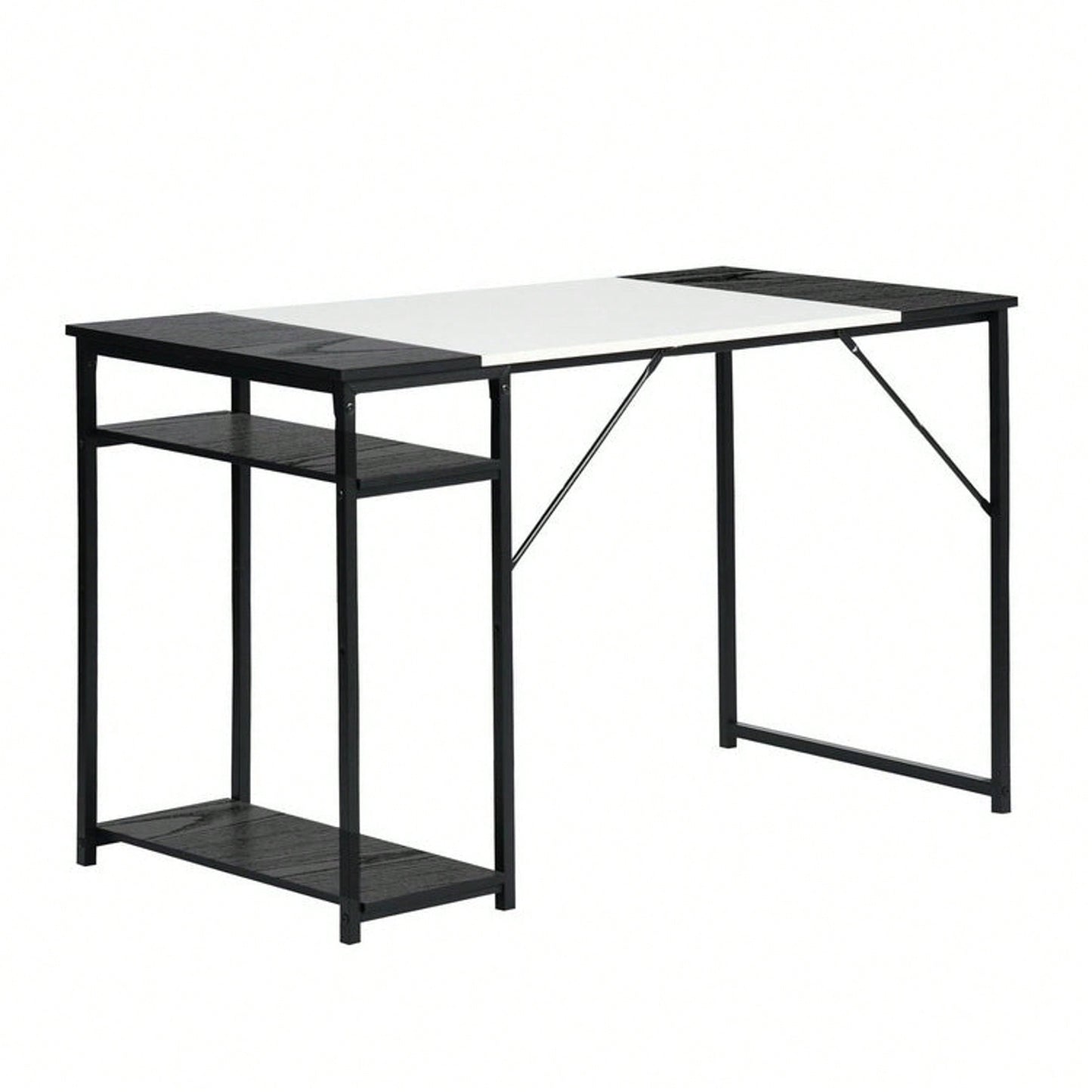 Writing Computer Desk, Home Office Study Desk With 2 Storage Shelves On Right Side, Fashion Simple Style Wood Table Metal Frame