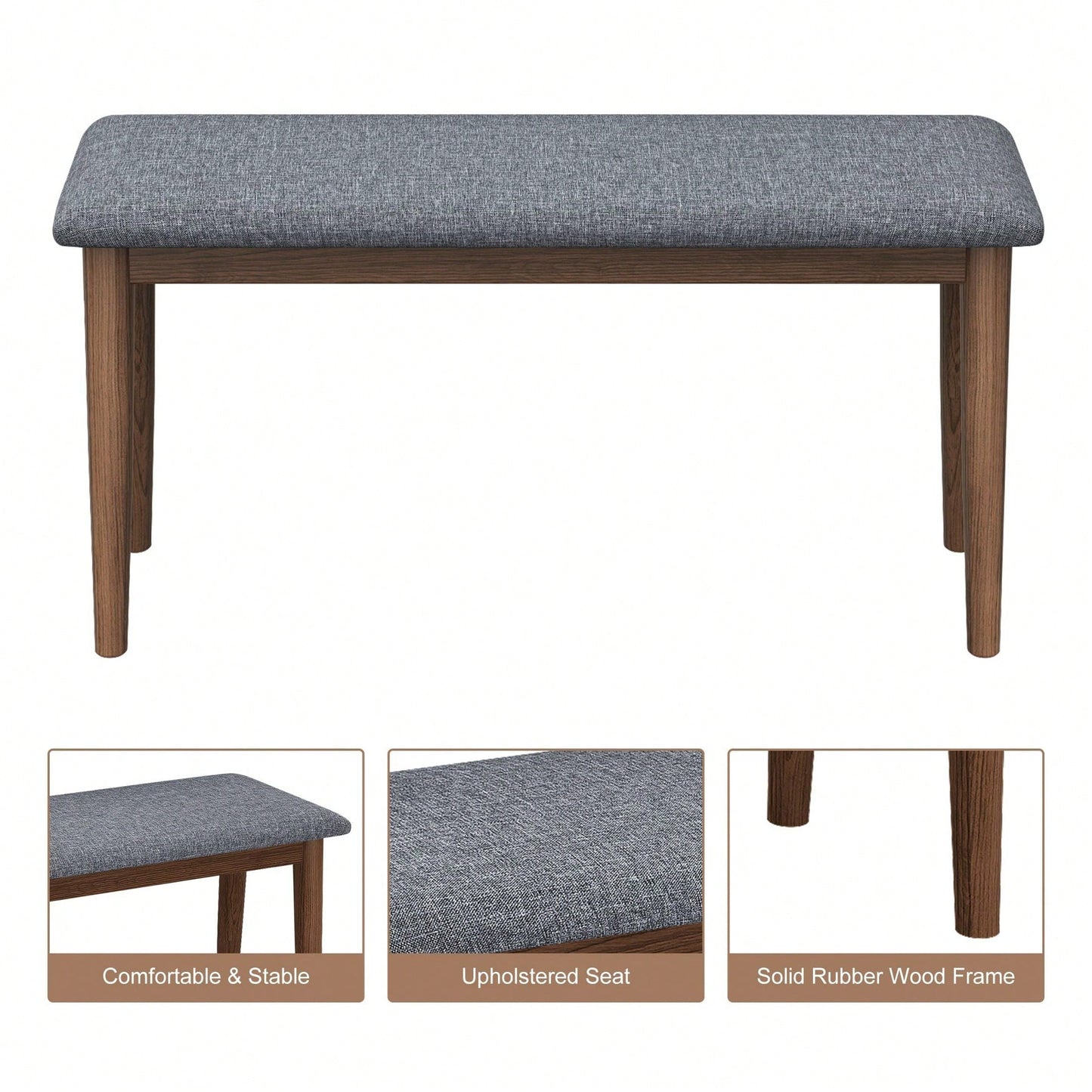 Upholstered Benches, Retro Upholstered Bench, Solid Rubber Wood For Kitchen Dining Room, Grey And Walnut Color