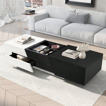 Extendable Sliding Top Coffee Table With Storage In White & Walnut