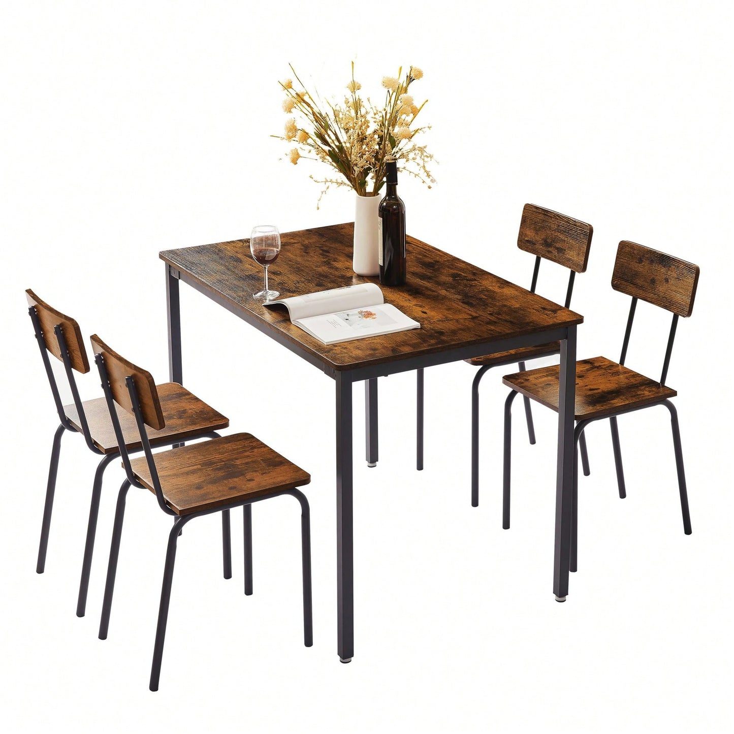 5-Piece Dining Table Set With Backrest, Industrial Style, Sturdy Construction. Rustic Brown, 43.31'' L X 27.56'' W X 30.32'' H