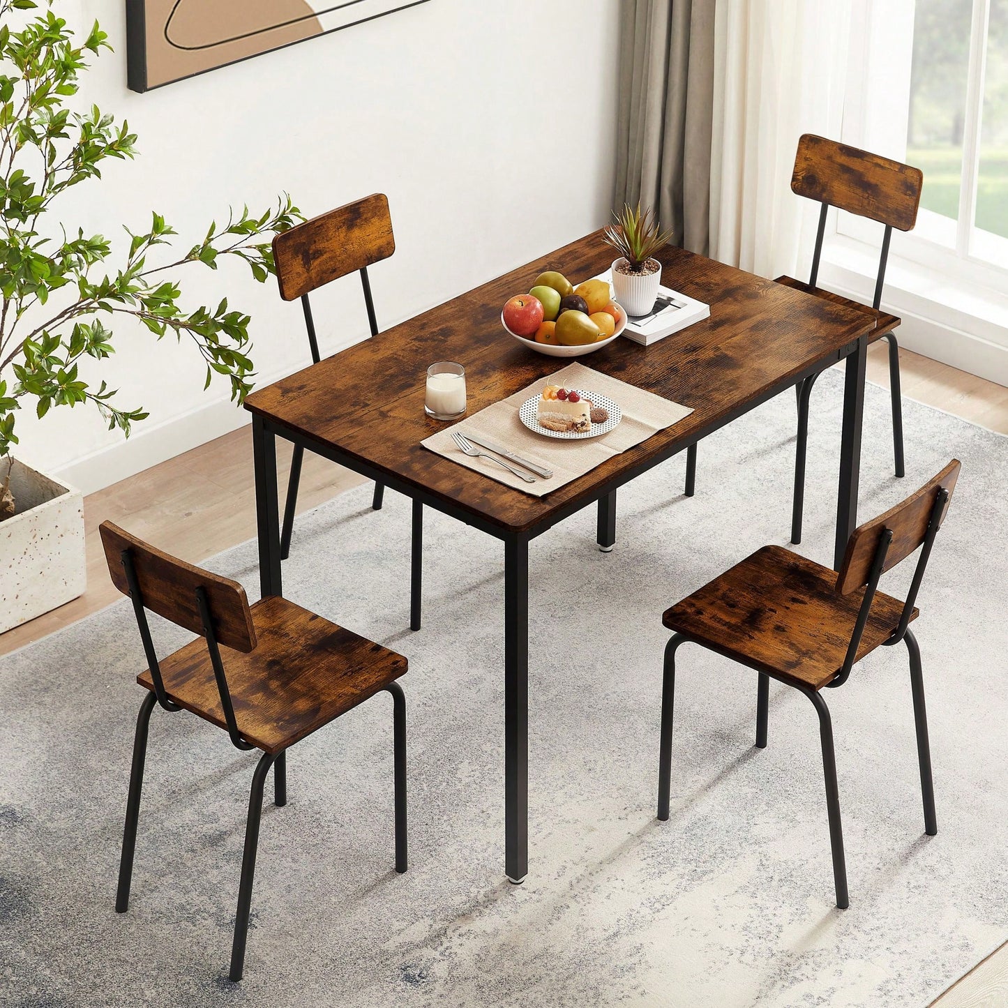 5-Piece Dining Table Set With Backrest, Industrial Style, Sturdy Construction. Rustic Brown, 43.31'' L X 27.56'' W X 30.32'' H