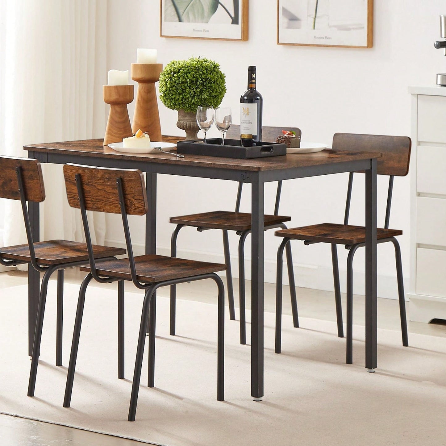 5-Piece Dining Table Set With Backrest, Industrial Style, Sturdy Construction. Rustic Brown, 43.31'' L X 27.56'' W X 30.32'' H