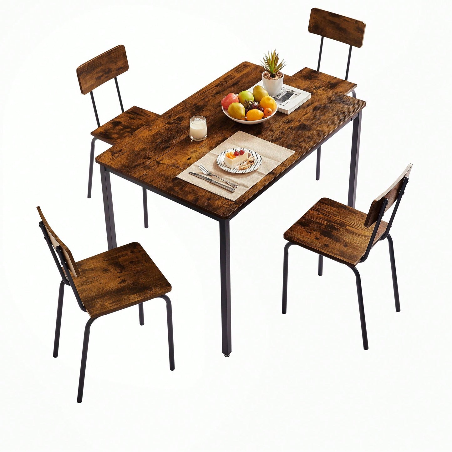 5-Piece Dining Table Set With Backrest, Industrial Style, Sturdy Construction. Rustic Brown, 43.31'' L X 27.56'' W X 30.32'' H