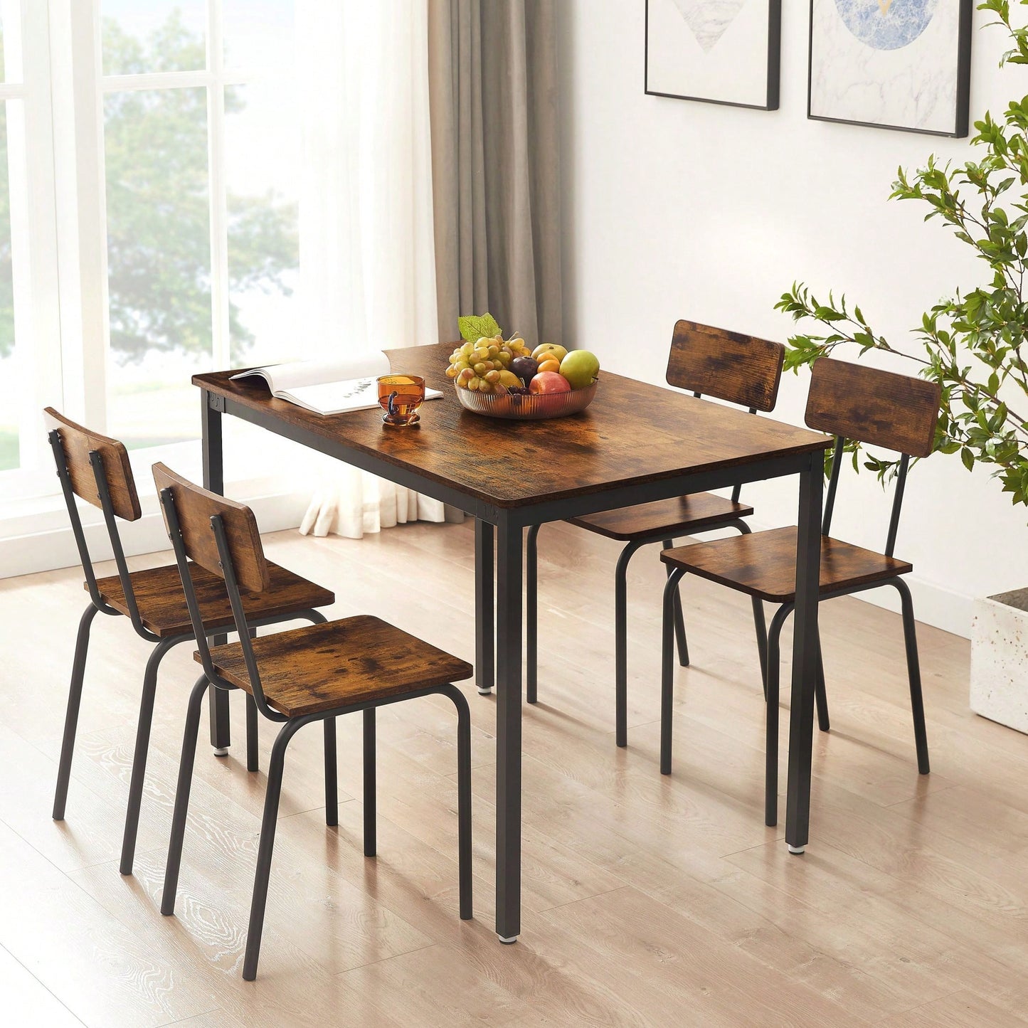 5-Piece Dining Table Set With Backrest, Industrial Style, Sturdy Construction. Rustic Brown, 43.31'' L X 27.56'' W X 30.32'' H