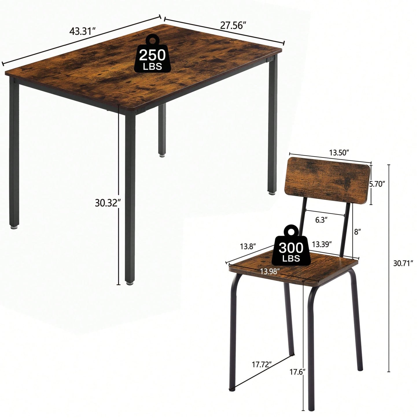 5-Piece Dining Table Set With Backrest, Industrial Style, Sturdy Construction. Rustic Brown, 43.31'' L X 27.56'' W X 30.32'' H