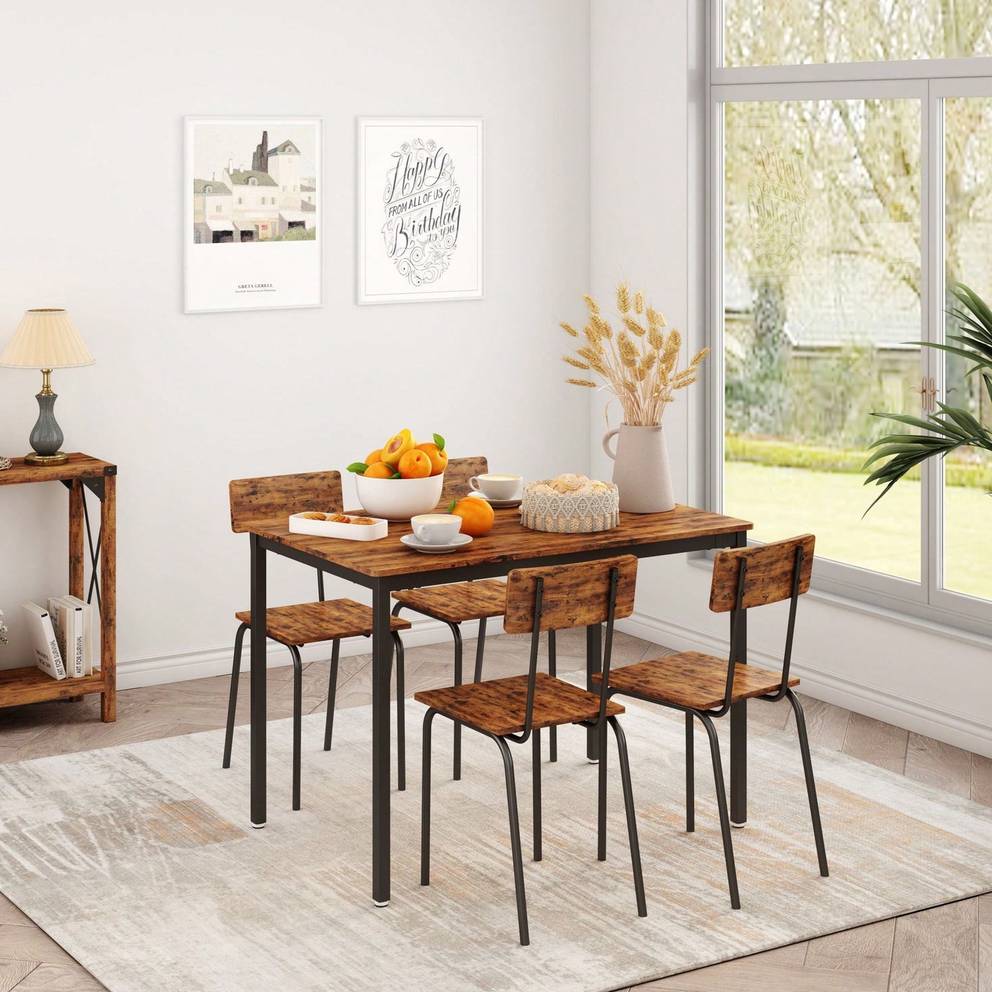 5-Piece Dining Table Set With Backrest, Industrial Style, Sturdy Construction. Rustic Brown, 43.31'' L X 27.56'' W X 30.32'' H