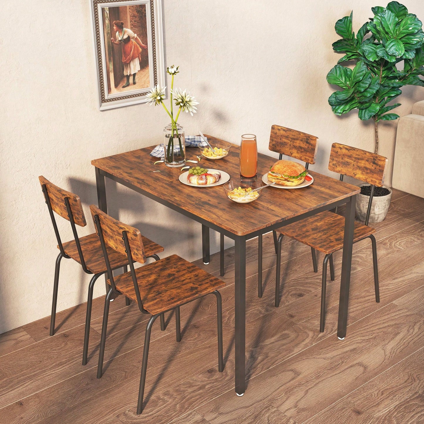 5-Piece Dining Table Set With Backrest, Industrial Style, Sturdy Construction. Rustic Brown, 43.31'' L X 27.56'' W X 30.32'' H