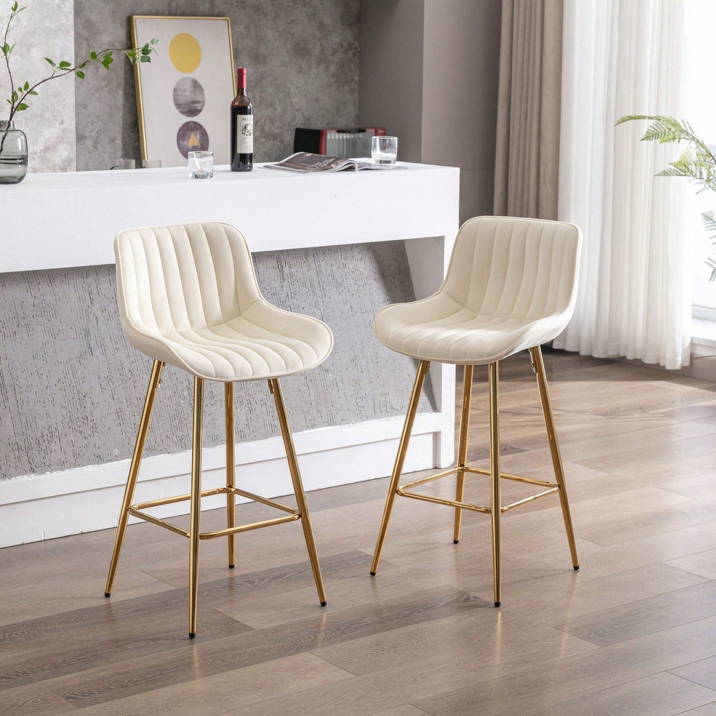 Set Of 2 Bar Stools,With Chrome Footrest Velvet Fabric Counter Stool Golden Leg Simple Bar Stool