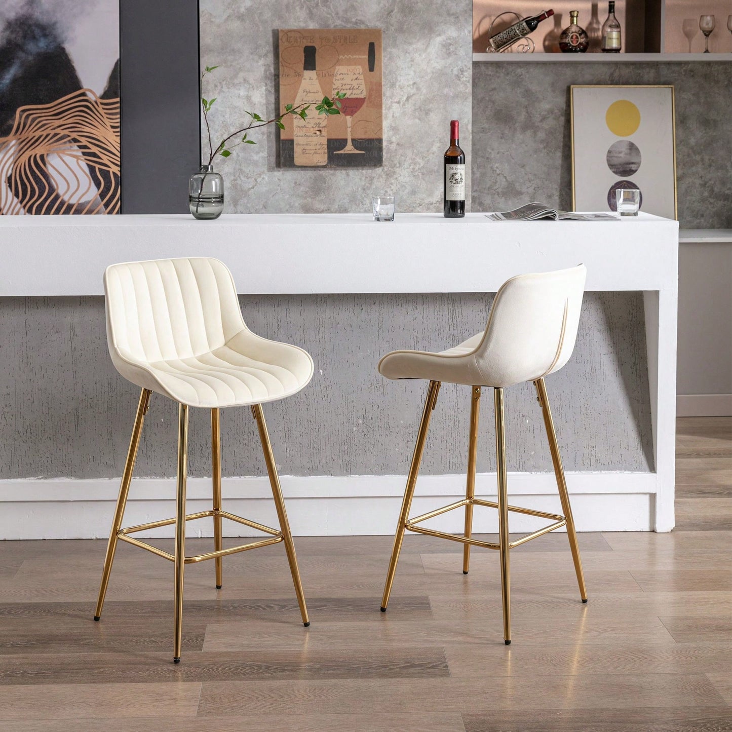 Set Of 2 Bar Stools,With Chrome Footrest Velvet Fabric Counter Stool Golden Leg Simple Bar Stool