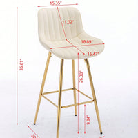 Set Of 2 Bar Stools,With Chrome Footrest Velvet Fabric Counter Stool Golden Leg Simple Bar Stool