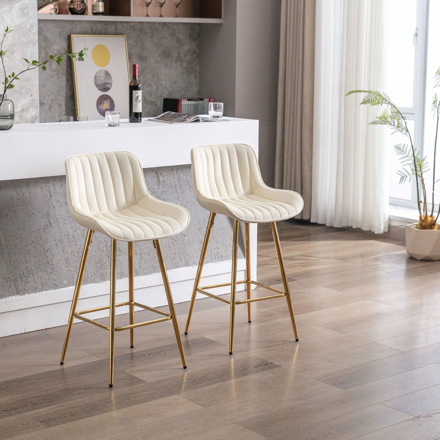 Set Of 2 Bar Stools,With Chrome Footrest Velvet Fabric Counter Stool Golden Leg Simple Bar Stool