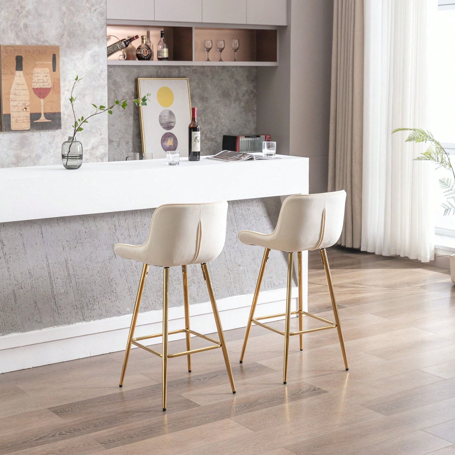 Set Of 2 Bar Stools,With Chrome Footrest Velvet Fabric Counter Stool Golden Leg Simple Bar Stool