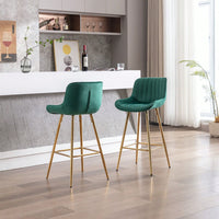 Set Of 2 Bar Stools,With Chrome Footrest Velvet Fabric Counter Stool Golden Leg Simple Bar Stool