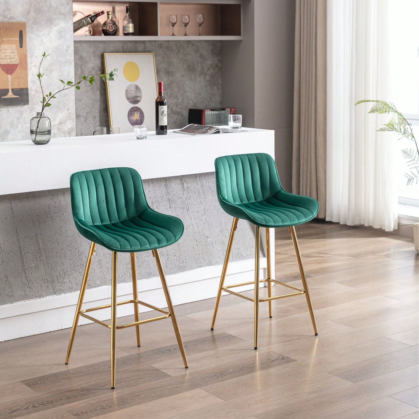 Set Of 2 Bar Stools,With Chrome Footrest Velvet Fabric Counter Stool Golden Leg Simple Bar Stool