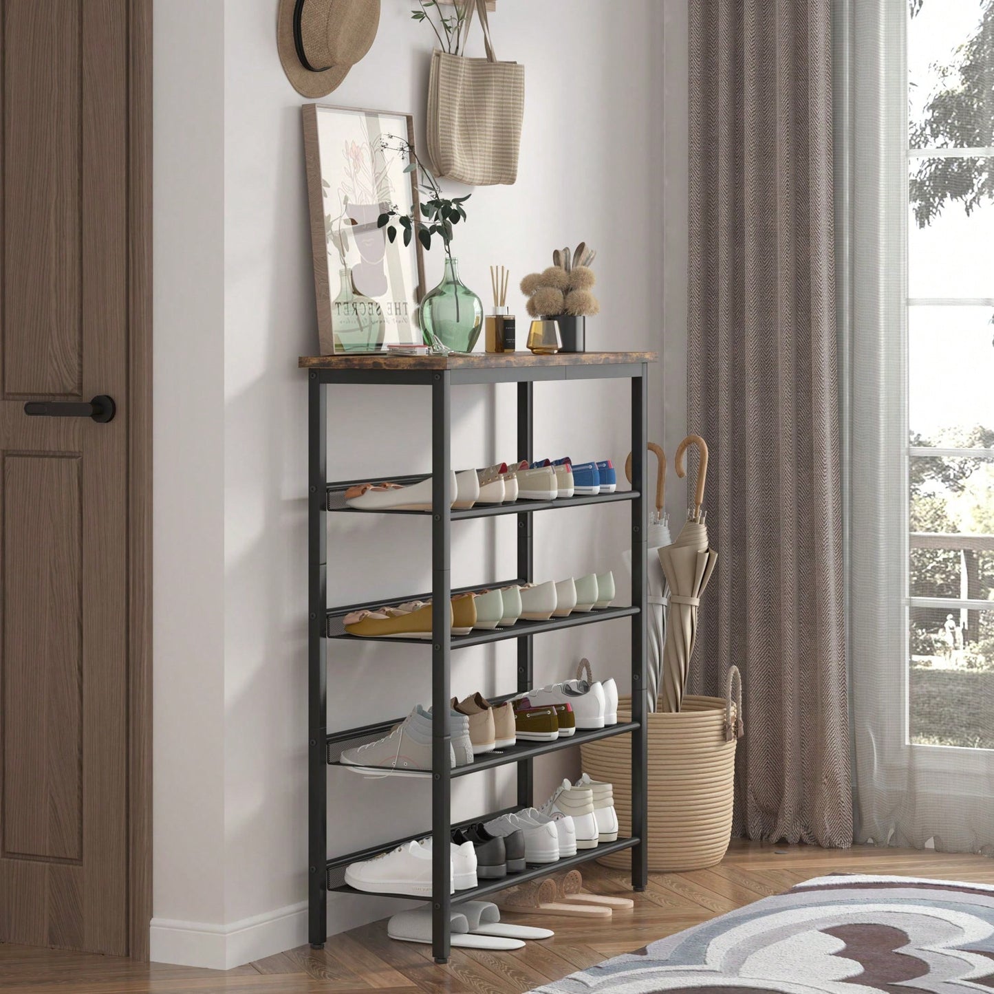 Industrial Shoe Rack With Adjustable Country Style 5 Layers Storage Shelves, 4 Mesh Shelves For Entryway, Living Room, Bedroom And Porch