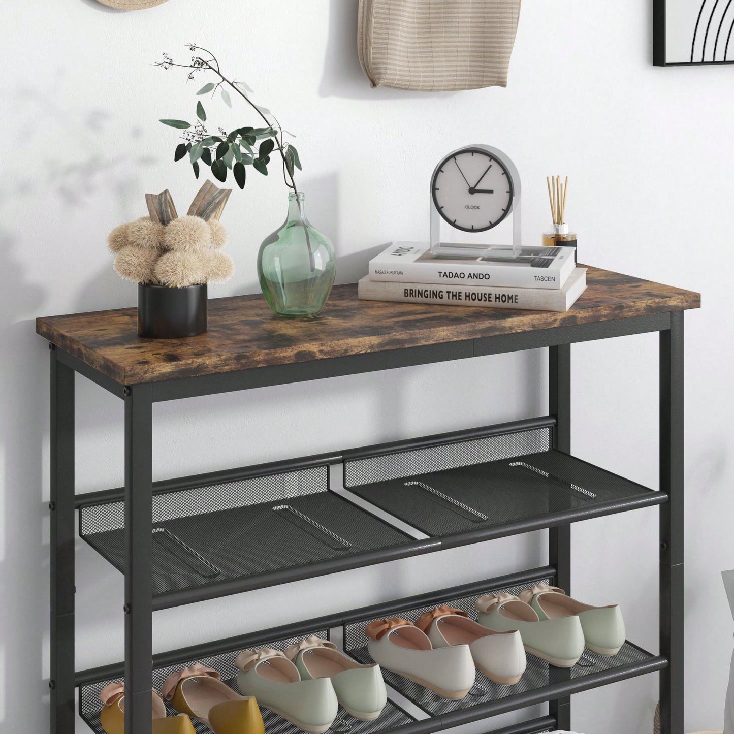 Industrial Shoe Rack With Adjustable Country Style 5 Layers Storage Shelves, 4 Mesh Shelves For Entryway, Living Room, Bedroom And Porch