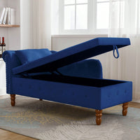 Navy Blue Plush Chaise Lounge Chair with Storage and Pillow Modern Upholstered Rolled Arm for Living Room Bedroom Office