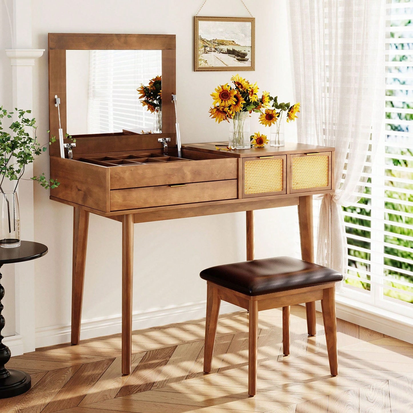 43.3" Classic Wood Makeup Vanity Set With Flip-Top Mirror And Stool, Dressing Table With Three Drawers And Storage Space