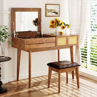 43.3" Classic Wood Makeup Vanity Set With Flip-Top Mirror And Stool, Dressing Table With Three Drawers And Storage Space