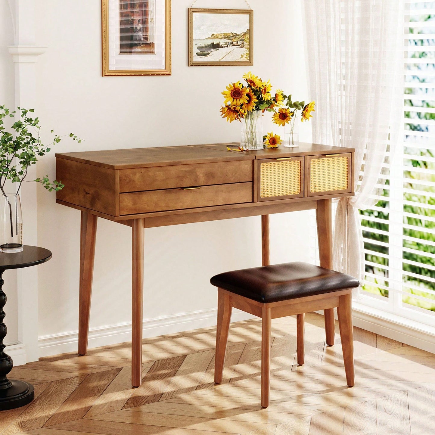 43.3" Classic Wood Makeup Vanity Set With Flip-Top Mirror And Stool, Dressing Table With Three Drawers And Storage Space