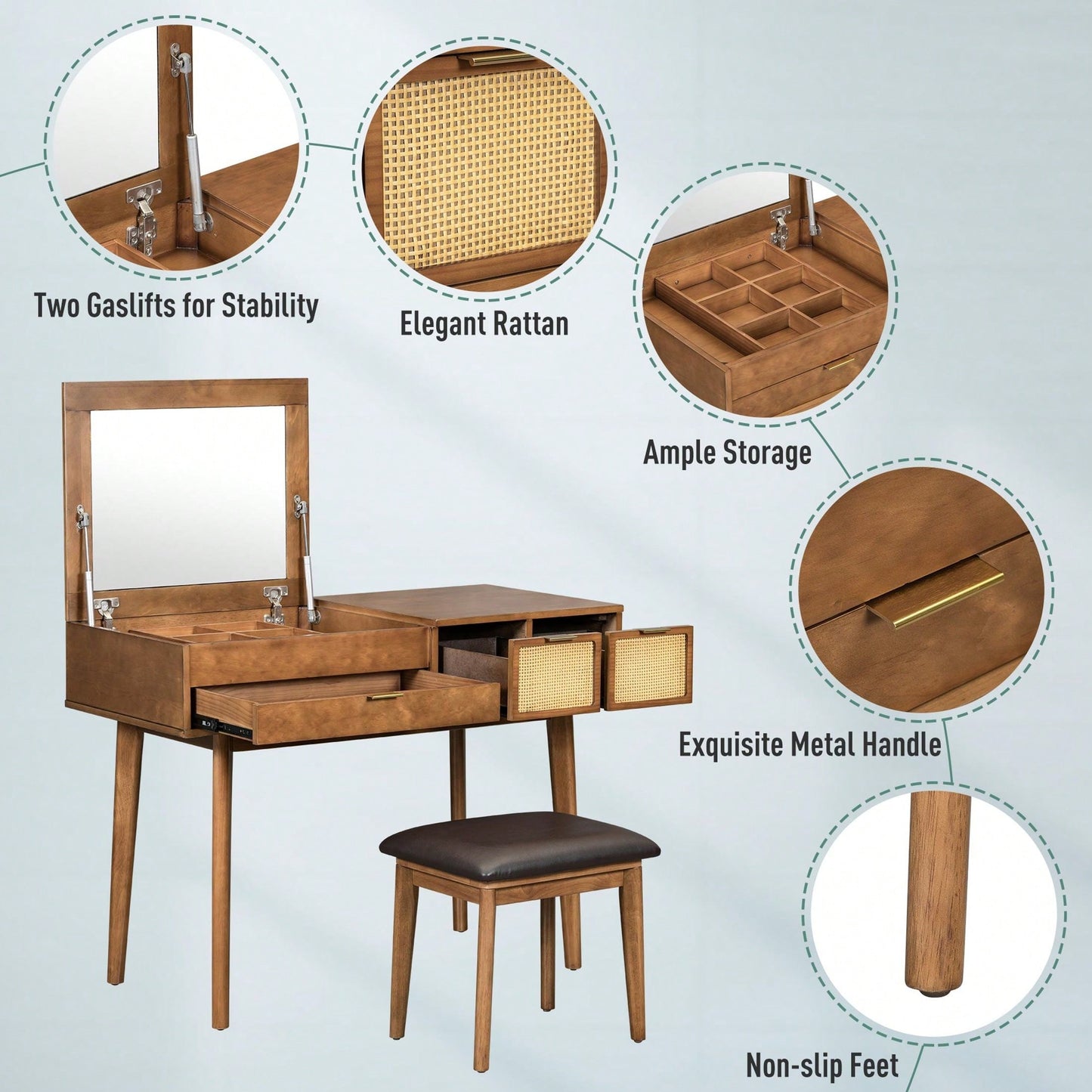 43.3" Classic Wood Makeup Vanity Set With Flip-Top Mirror And Stool, Dressing Table With Three Drawers And Storage Space