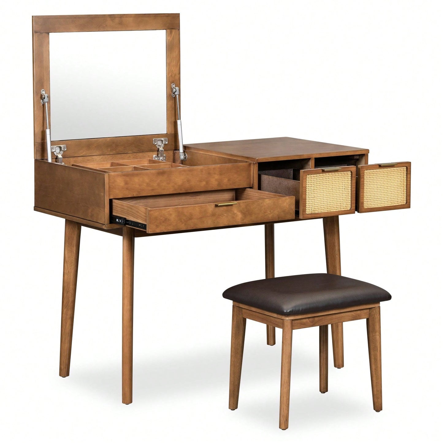 43.3" Classic Wood Makeup Vanity Set With Flip-Top Mirror And Stool, Dressing Table With Three Drawers And Storage Space