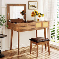 43.3" Classic Wood Makeup Vanity Set With Flip-Top Mirror And Stool, Dressing Table With Three Drawers And Storage Space