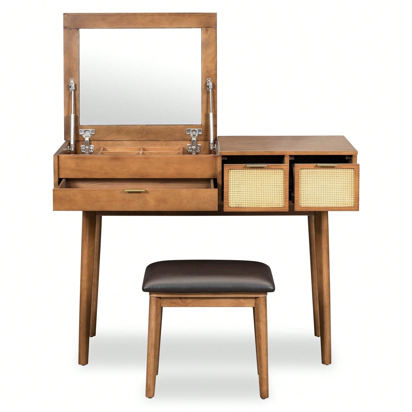 43.3" Classic Wood Makeup Vanity Set With Flip-Top Mirror And Stool, Dressing Table With Three Drawers And Storage Space