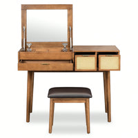 43.3" Classic Wood Makeup Vanity Set With Flip-Top Mirror And Stool, Dressing Table With Three Drawers And Storage Space