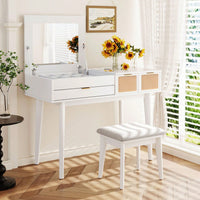 43.3" Classic Wood Makeup Vanity Set With Flip-Top Mirror And Stool, Dressing Table With Three Drawers And Storage Space