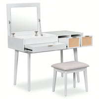 43.3" Classic Wood Makeup Vanity Set With Flip-Top Mirror And Stool, Dressing Table With Three Drawers And Storage Space