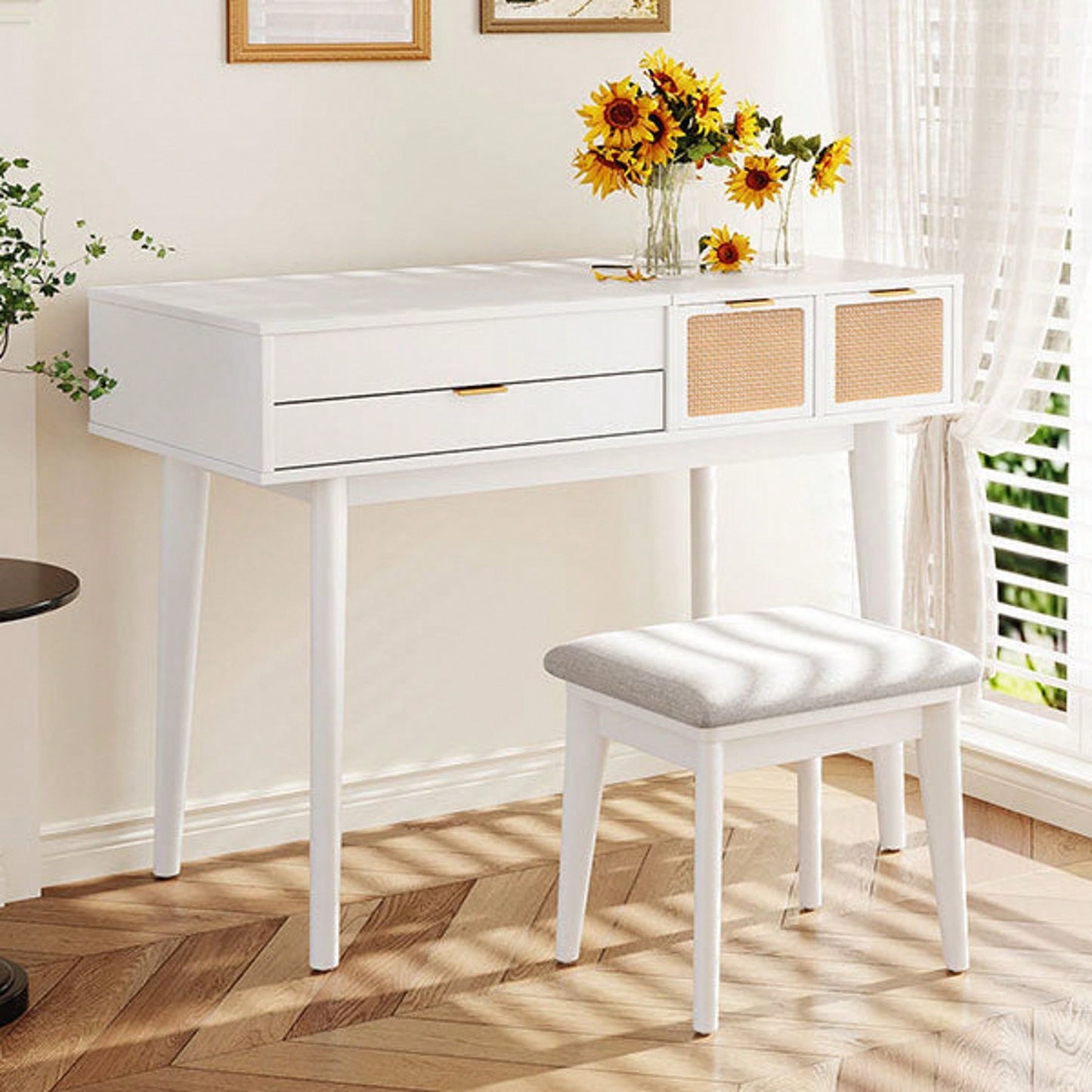 43.3" Classic Wood Makeup Vanity Set With Flip-Top Mirror And Stool, Dressing Table With Three Drawers And Storage Space