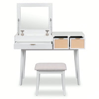 43.3" Classic Wood Makeup Vanity Set With Flip-Top Mirror And Stool, Dressing Table With Three Drawers And Storage Space