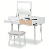 43.3" Classic Wood Makeup Vanity Set With Flip-Top Mirror And Stool, Dressing Table With Three Drawers And Storage Space