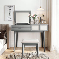 43.3" Classic Wood Makeup Vanity Set With Flip-Top Mirror And Stool, Dressing Table With Three Drawers And Storage Space