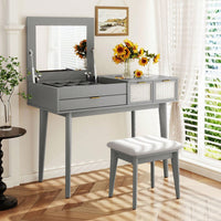 43.3" Classic Wood Makeup Vanity Set With Flip-Top Mirror And Stool, Dressing Table With Three Drawers And Storage Space