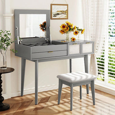 43.3" Classic Wood Makeup Vanity Set With Flip-Top Mirror And Stool, Dressing Table With Three Drawers And Storage Space