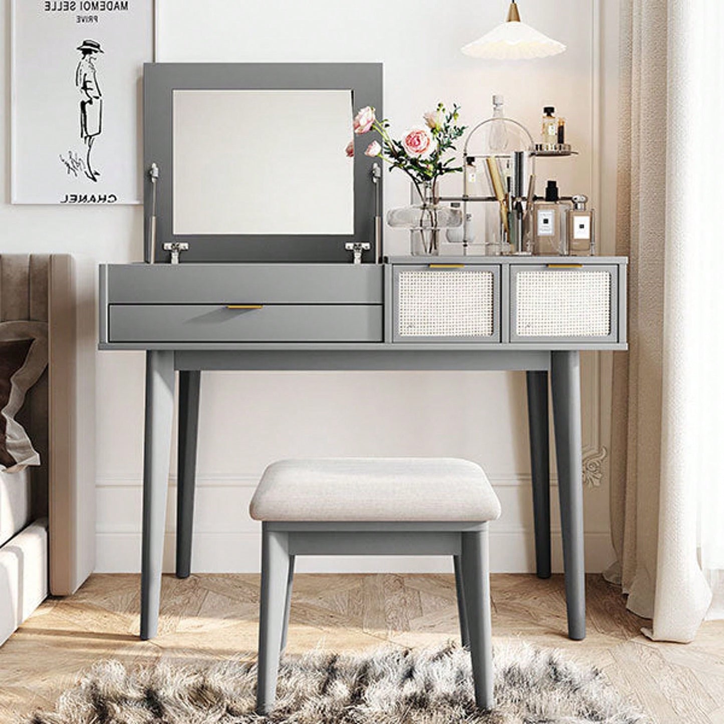 43.3" Classic Wood Makeup Vanity Set With Flip-Top Mirror And Stool, Dressing Table With Three Drawers And Storage Space