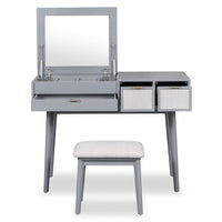 43.3" Classic Wood Makeup Vanity Set With Flip-Top Mirror And Stool, Dressing Table With Three Drawers And Storage Space