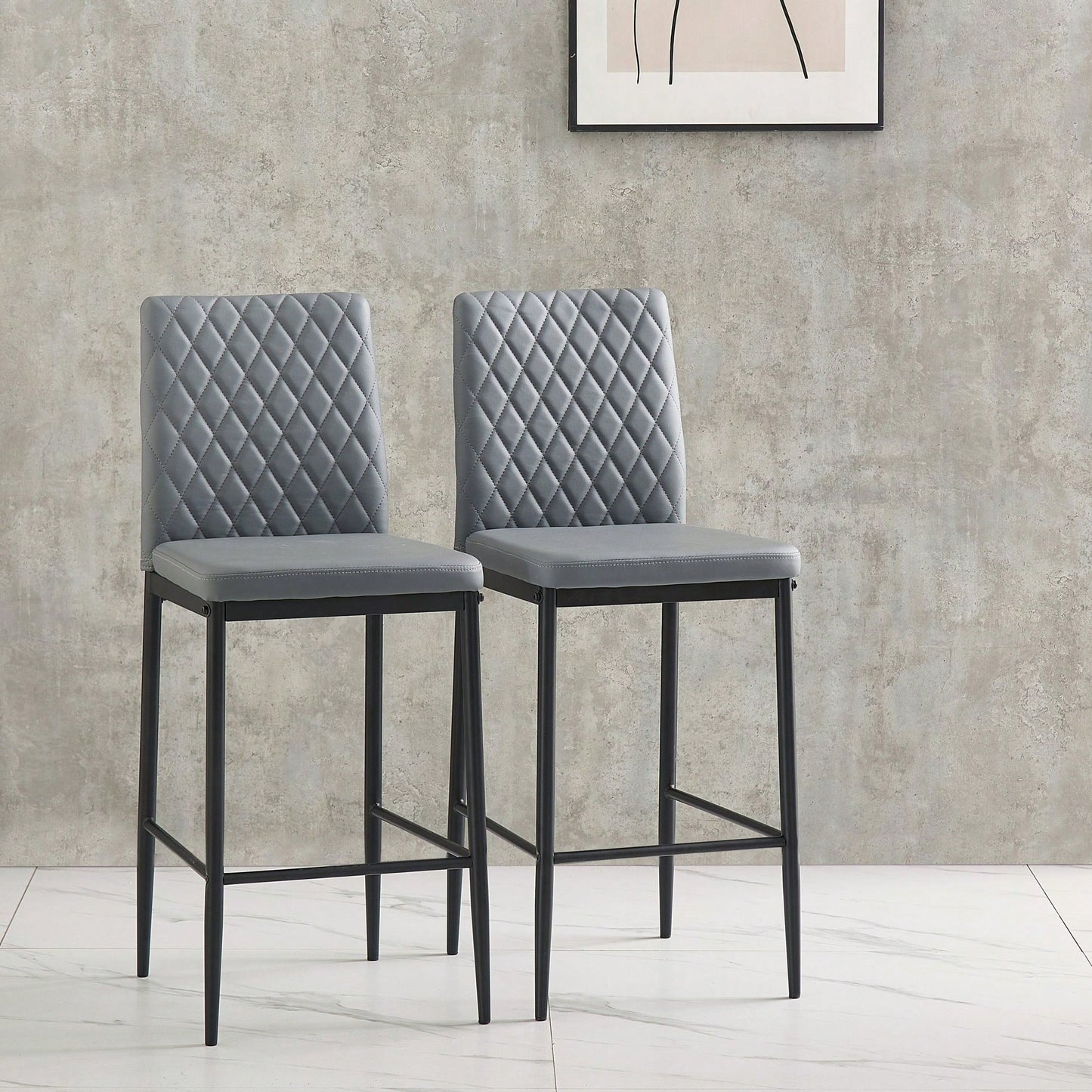 2-Piece Set, Modern Simple Bar Chair, Fireproof Leather Spraying Metal Pipe, Diamond Grid Pattern, Restaurant, Family