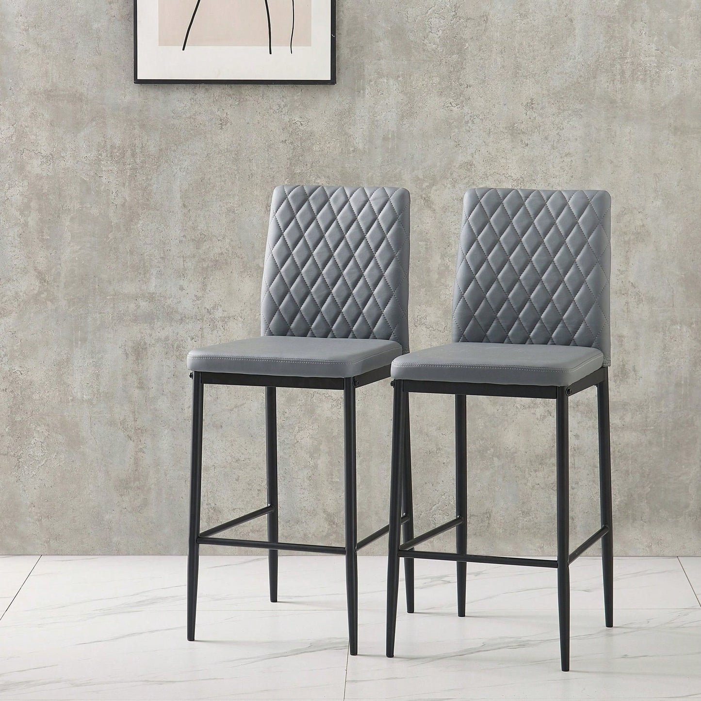 2-Piece Set, Modern Simple Bar Chair, Fireproof Leather Spraying Metal Pipe, Diamond Grid Pattern, Restaurant, Family