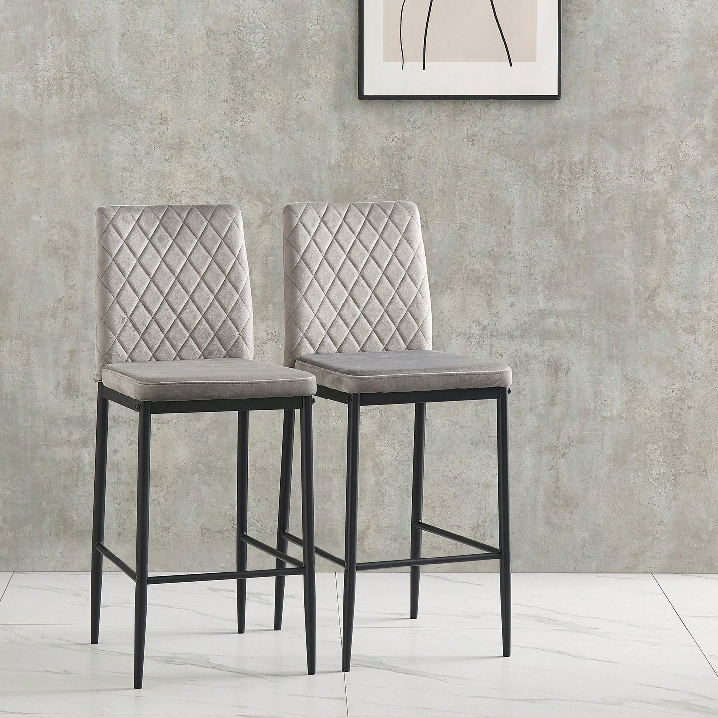 2-Piece Set, Modern Simple Bar Chair, Fireproof Leather Spraying Metal Pipe, Diamond Grid Pattern, Restaurant, Family