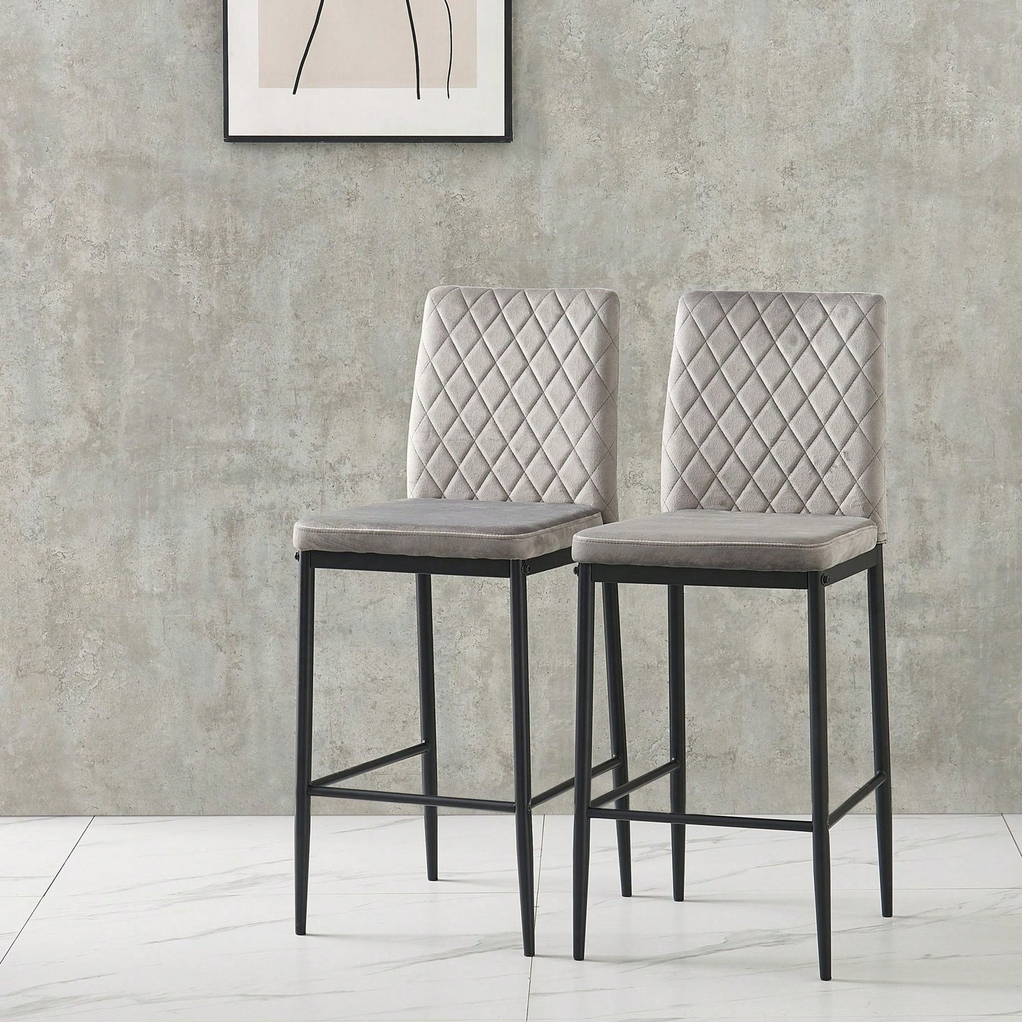 2-Piece Set, Modern Simple Bar Chair, Fireproof Leather Spraying Metal Pipe, Diamond Grid Pattern, Restaurant, Family