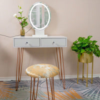 3-Color Dimmable Lighted Mirror Makeup Desk With 2 Drawers And  Padded Stool